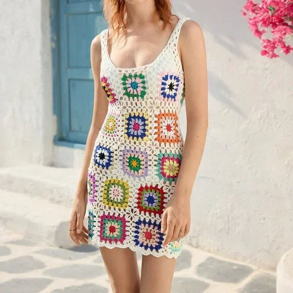 Multicolor Casual Women's Colorful Floral Knitted Boho Dress - Picture 3 of 6